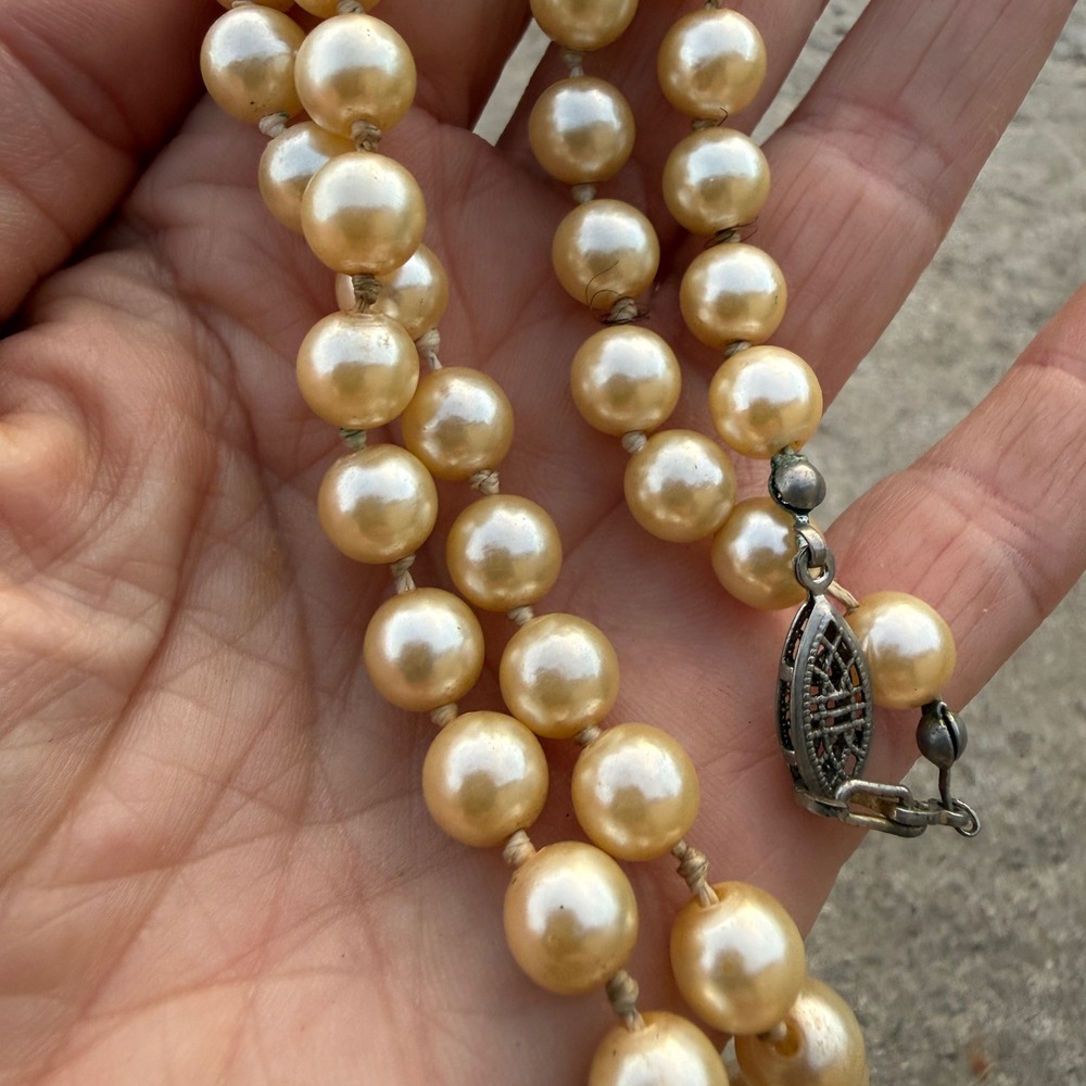 Vintage Hand Knotted Cream Faux Pearl Necklace Filigree Clasp 20.5 Inch Strand